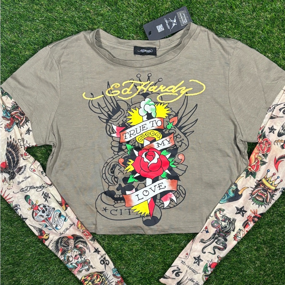Ed Hardy Olive color Tattoo-Inspired Long Sleeve Tee